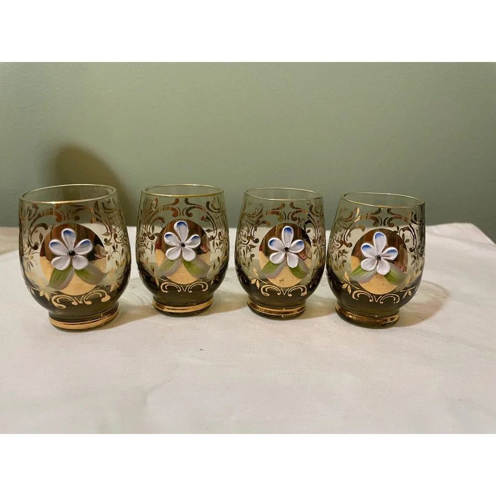 Vintage Amber Gold Encrusted Glass Decanter Set Hand Painted Floral 5pc